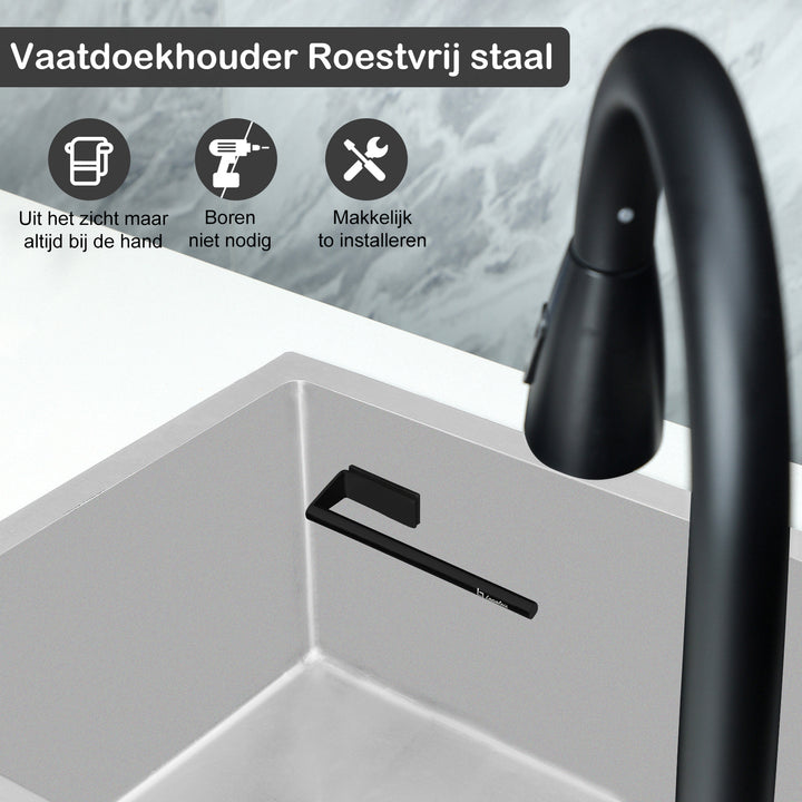 Vaatdoekhouder, magnetische vaatdoekhouder, vaatdoekhouder voor de gootsteen, gootsteen vaatdoekhouder, vaatdoekhouder spoelbak, vaatdoekhouder zwart